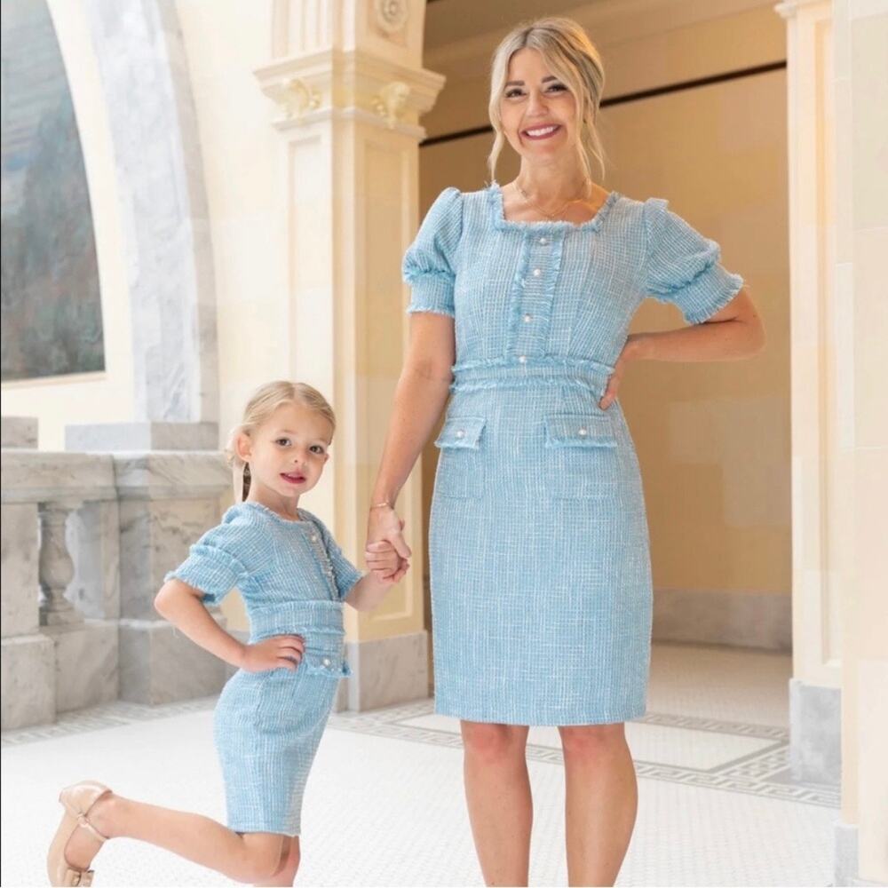Ivy City Co Claudia Mini Dress Light Blue White Tweed Puff Sleeve Size XL